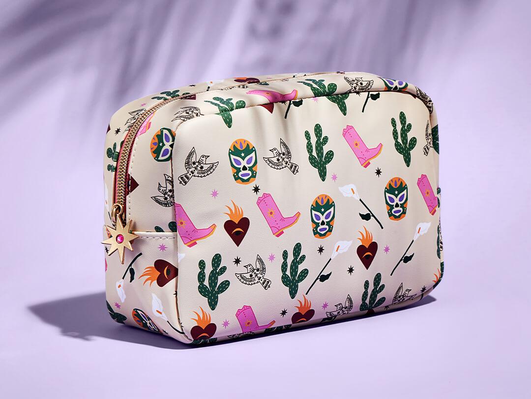 September 2023 IPSY Mystery Bag on lavender background with palm leaves shadow Desktop