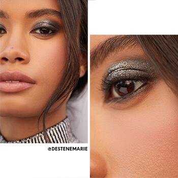 Model Destene K showing a dark metallic gray smoky eye look Mobile
