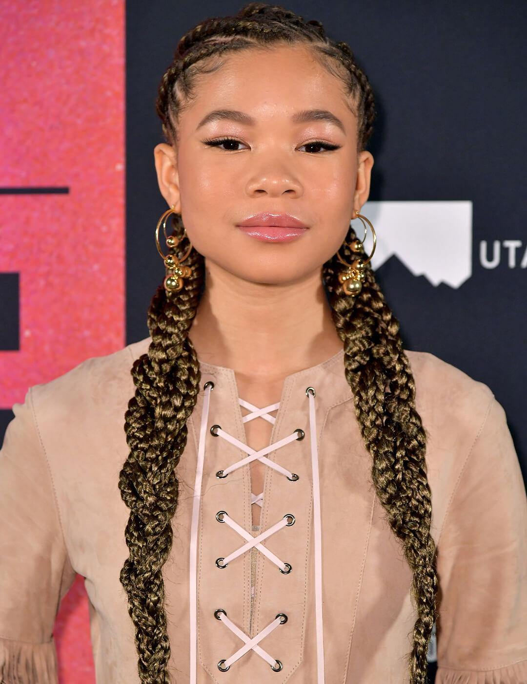 Storm Reid wearing a brown outfit and rocking a braided pigtails hairstyle Desktop