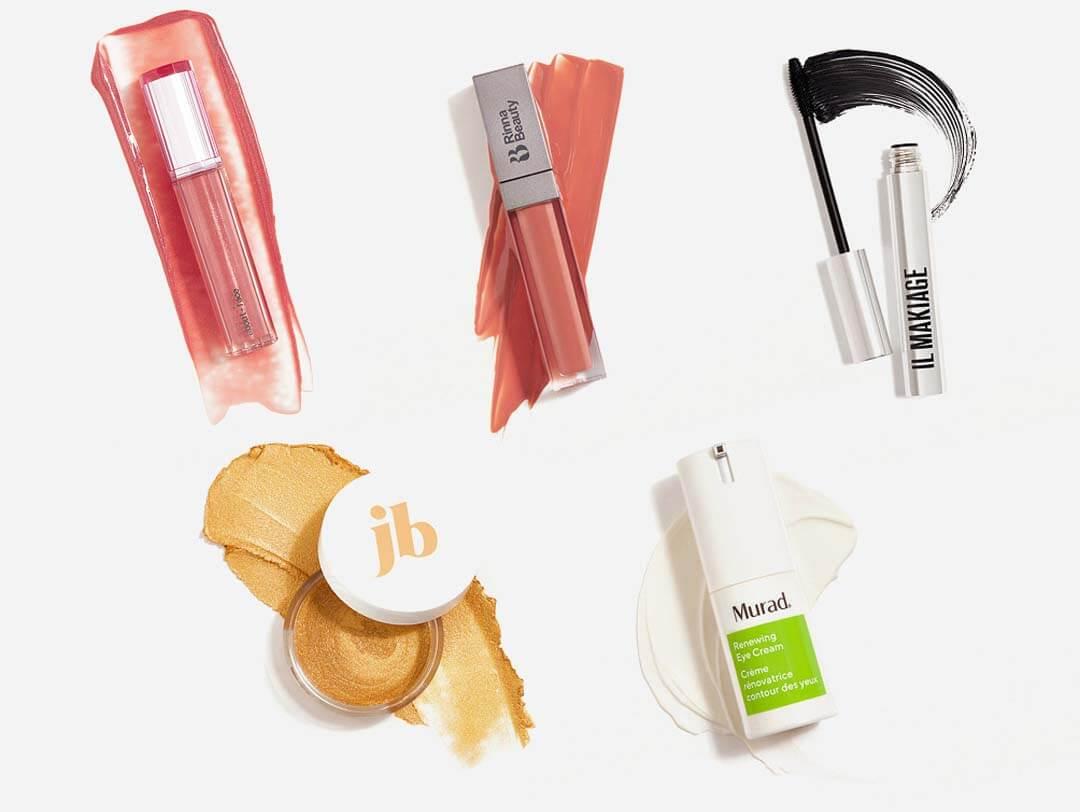 Makeup and skincare products from the October 2021 IPSY Glam Bag Plus swatched on white background Desktop