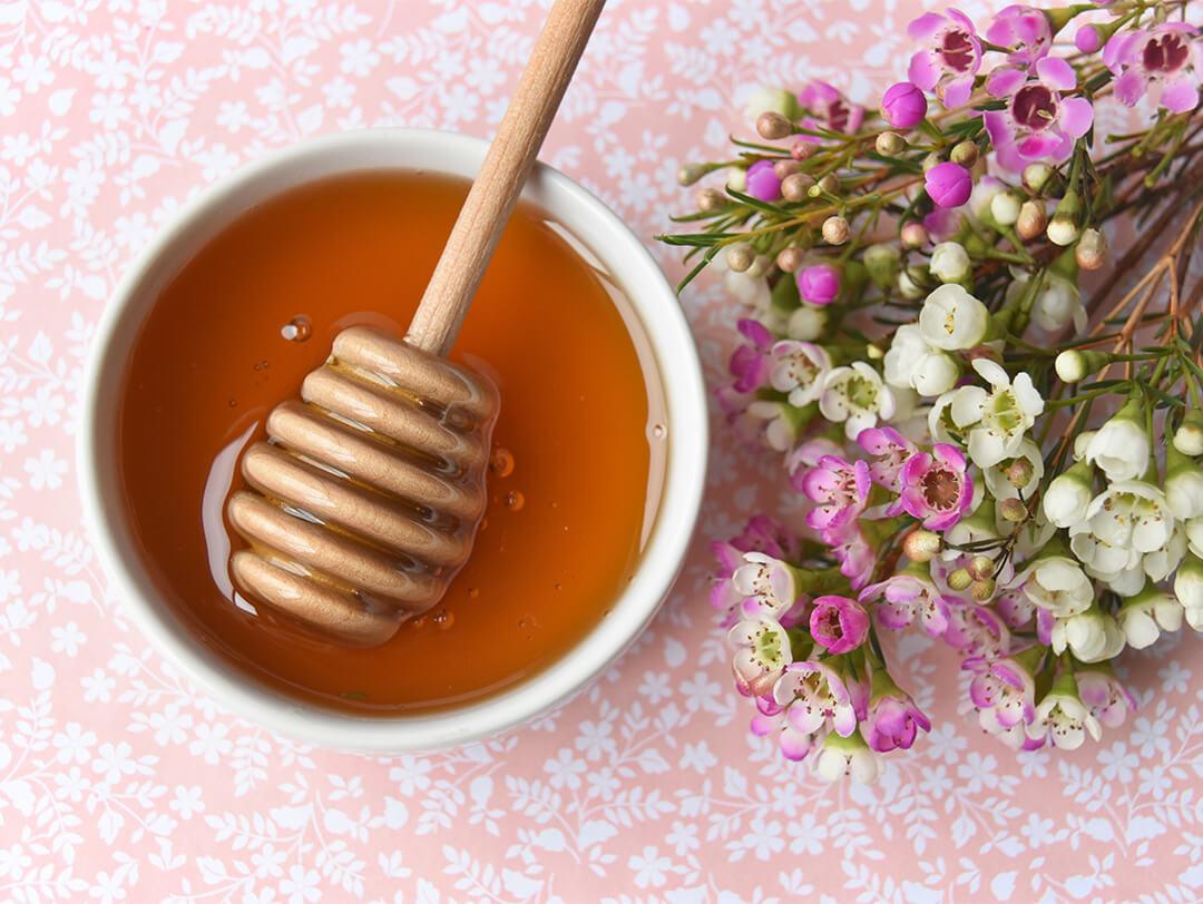 Image of a bowl of honey, honey dipper, and pink and white flowers on a pink floral background Desktop