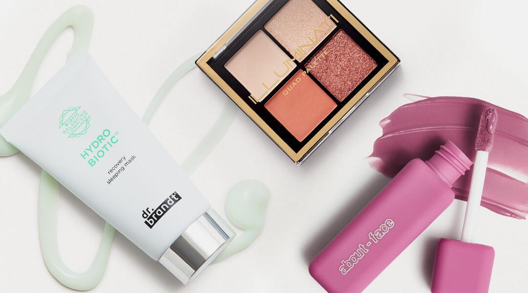 Image of skincare and makeup products swatched on white background Desktop