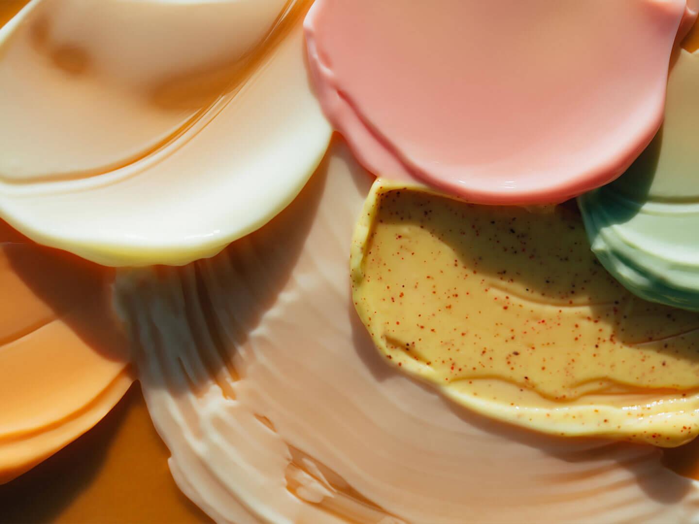 A vibrant close-up of various gel and cream moisturizers in soft pastel colors, showcasing their different consistencies and textures Desktop