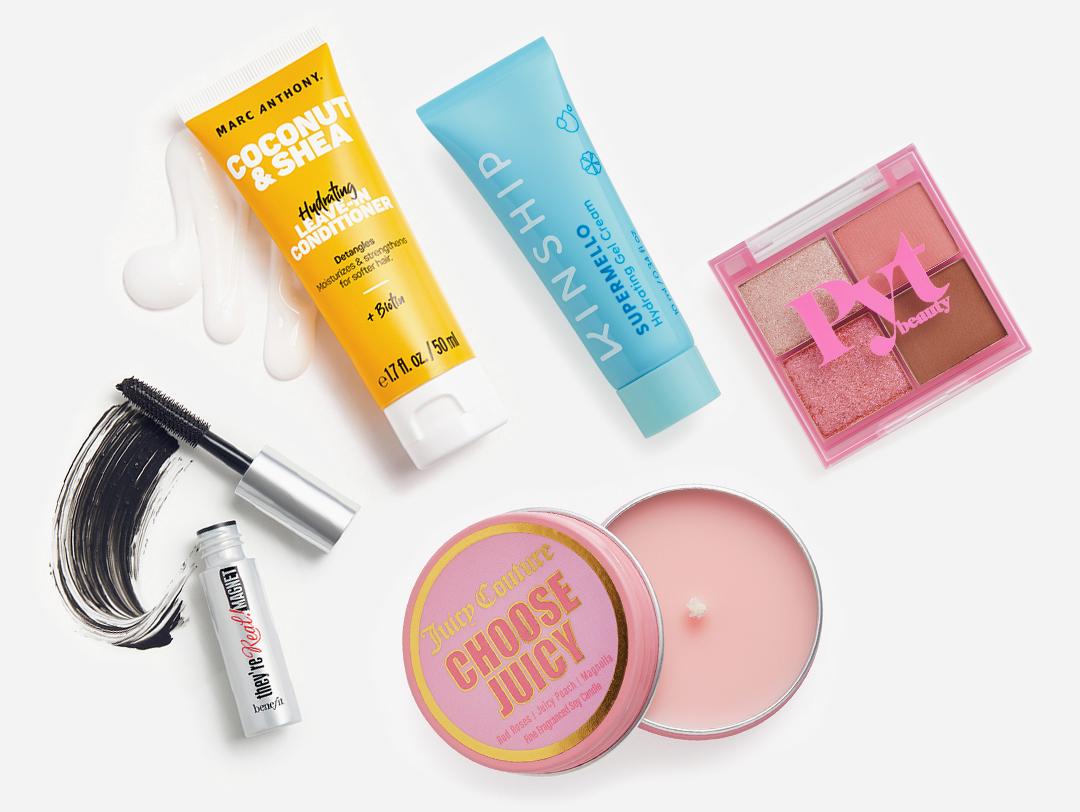Makeup, skincare, hair care, and beauty products from the November 2022 IPSY Glam Bag on white background Desktop