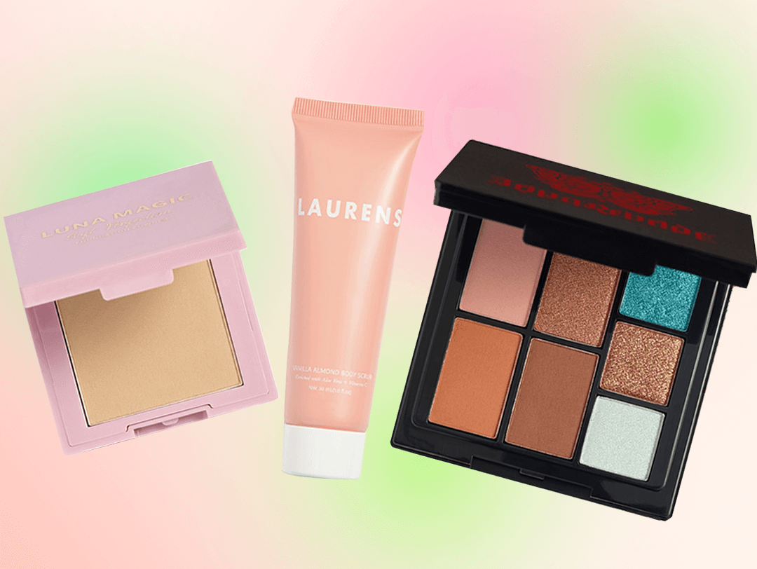 Choice products from the May 2024 IPSY Glam Bag on pink and green ombre background Desktop