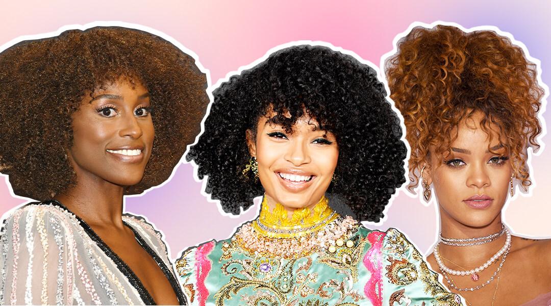Graphic image of Issa Rae, Yara Shahidi, and Rihanna on pink and purple ombre background Desktop
