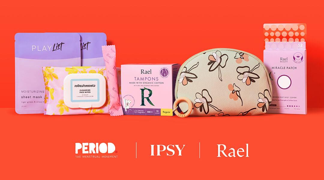 Flat-lay image of feminine hygiene products, makeup and skincare products, and pink quilted makeup pouch on orange background with PERIOD, IPSY, and RAEL logos Desktop