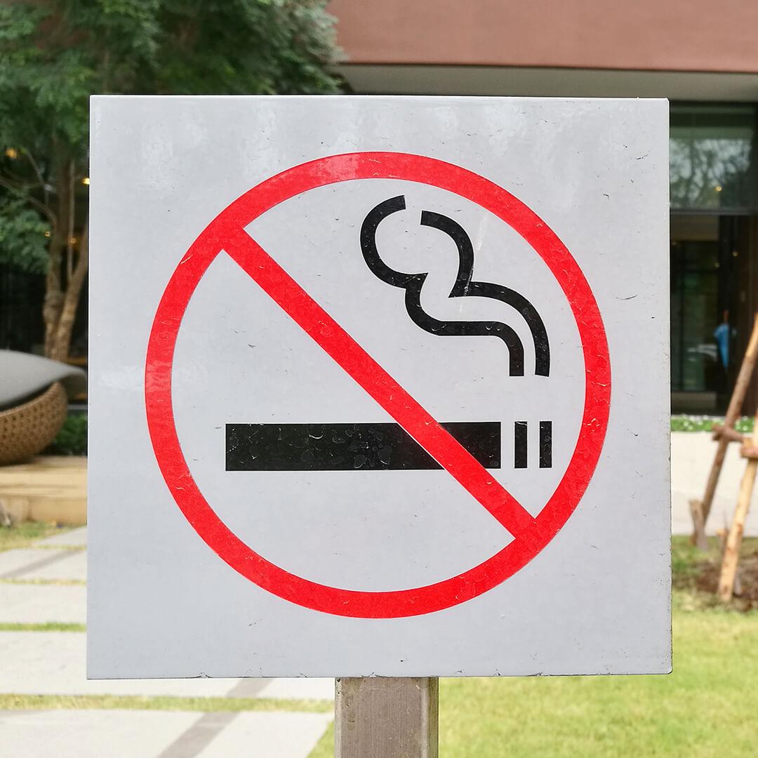A photo of a non-smoking sign in front of a garden Desktop