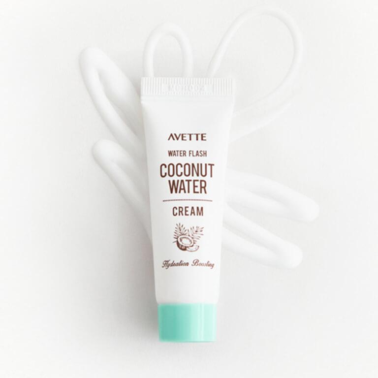 An image of AVETTE Coconut Water Cream with product swatch and a swatch image of a white cream Mobile