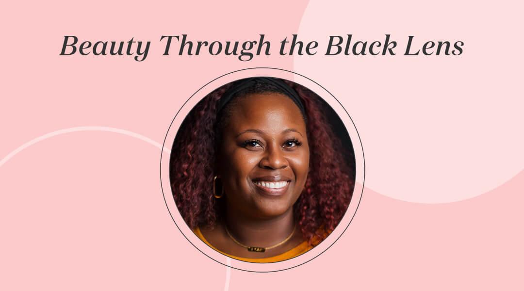 Portrait of Michelle Carter against black background inside pink frame with black text Beauty Through the Black Lens Desktop