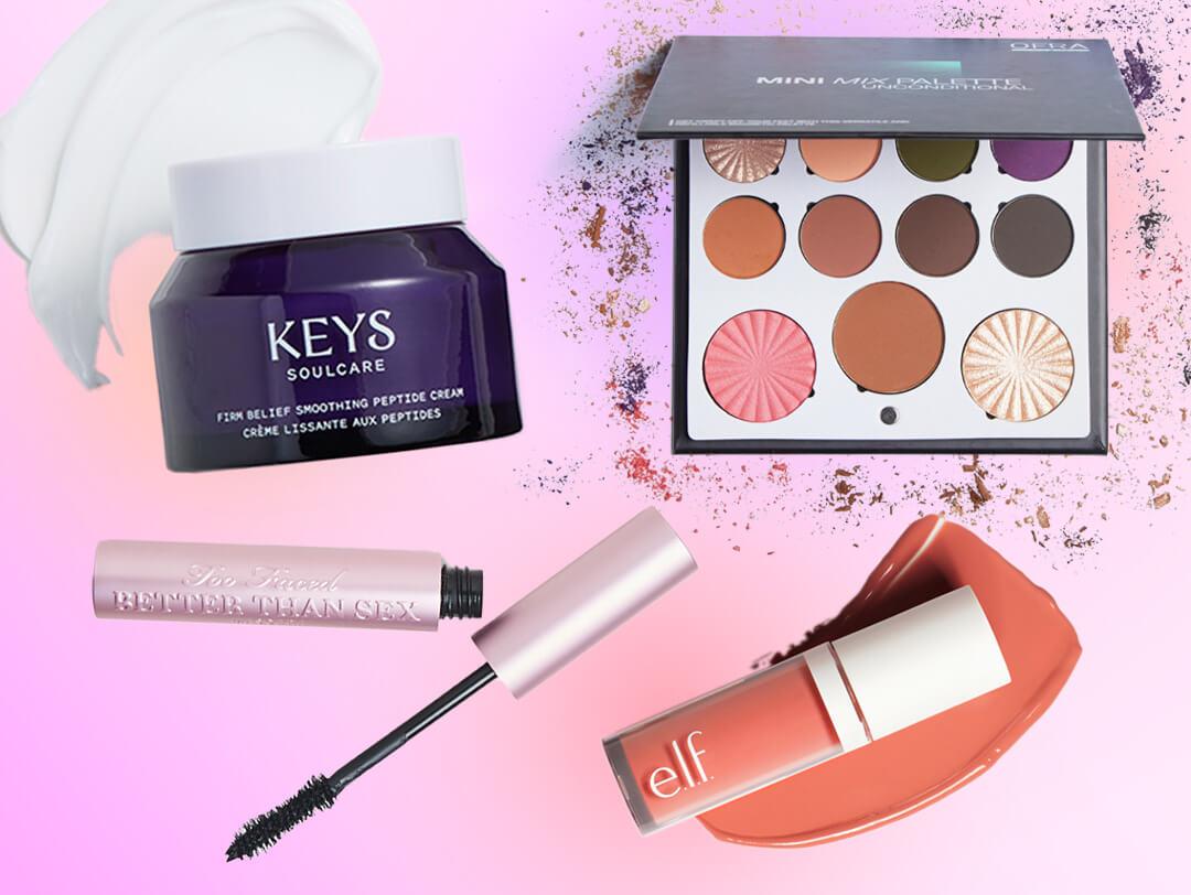 Assorted Power Picks beauty products from August 2024 BoxyCharm and Glam Bags on ombre background Desktop