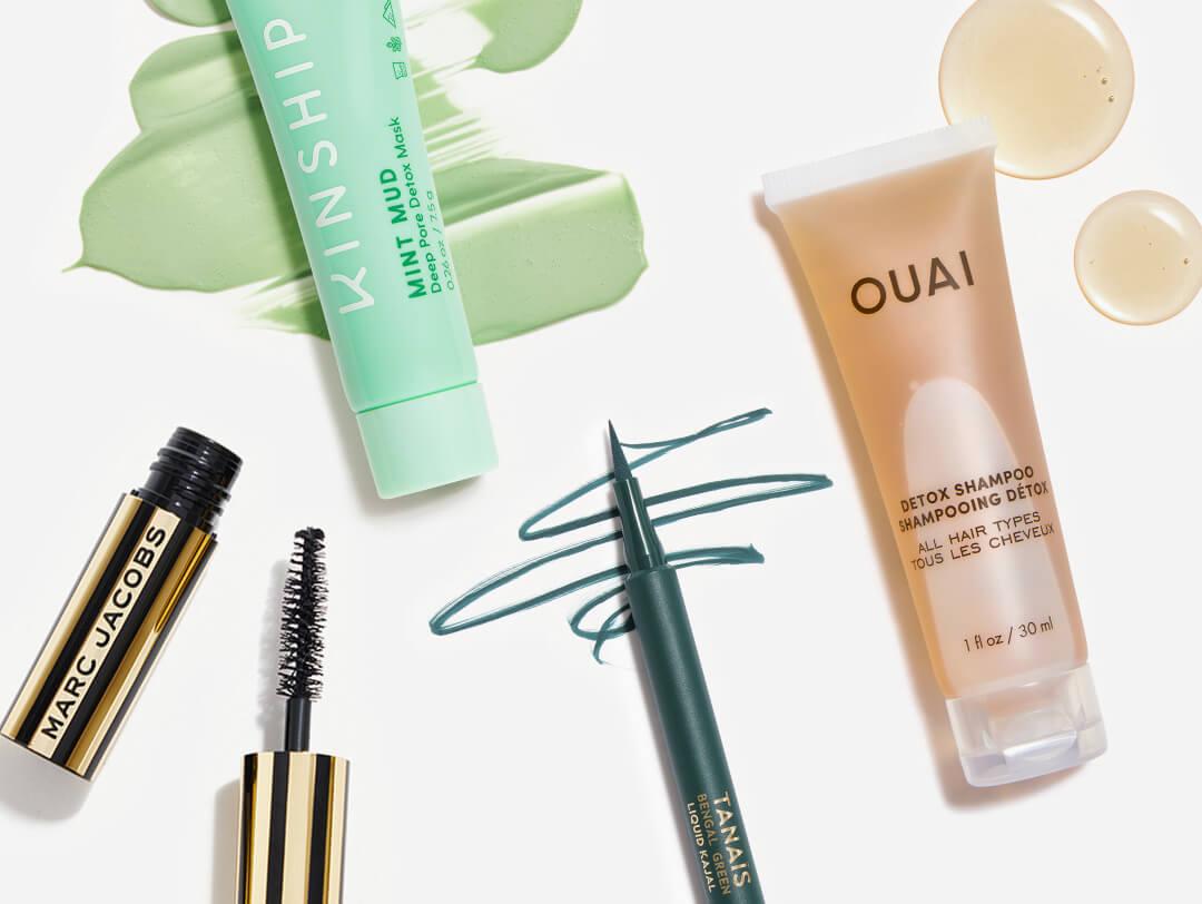 Skincare, hair care, and makeup products from November 2021 IPSY Glam Bag swatched on white background Desktop