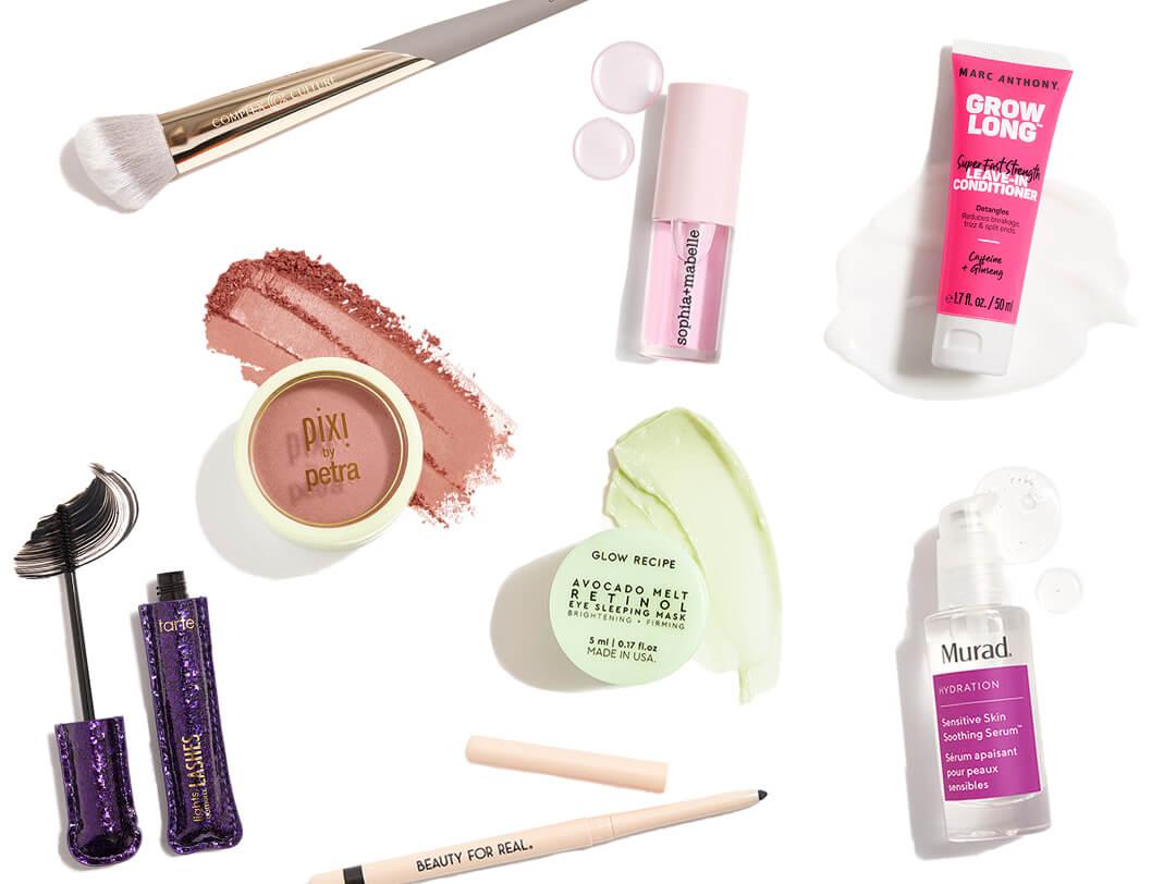 Makeup, skincare, and hair care products from the August 2021 IPSY Glam Bag and Glam Bag Plus swatched on white background Desktop