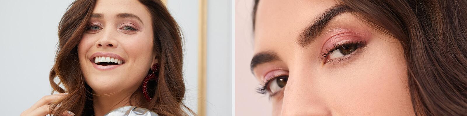 An image of a model wearing rose gold eye makeup smiling big and a close up image of a model wearing rose gold eye makeup Desktop