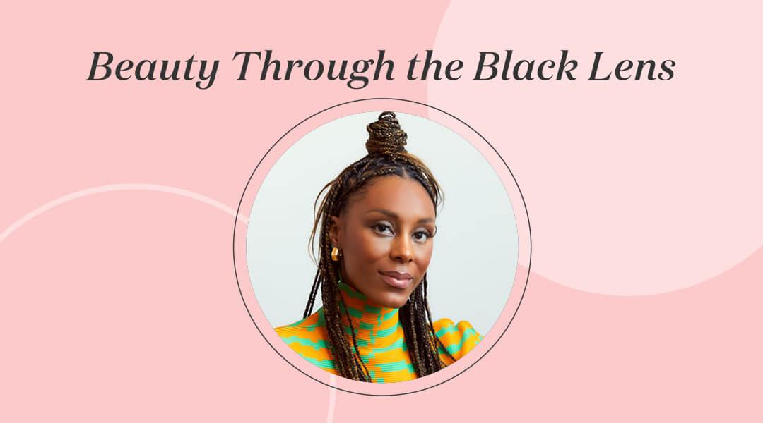 Profile image of Brooke DeVard Ozaydinli on pink frame with black text "Beauty Through the Black Lens" Desktop