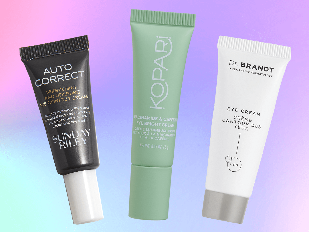 An image showing three tubes of eye cream, each in black, green, and white, with a gradient color background Desktop