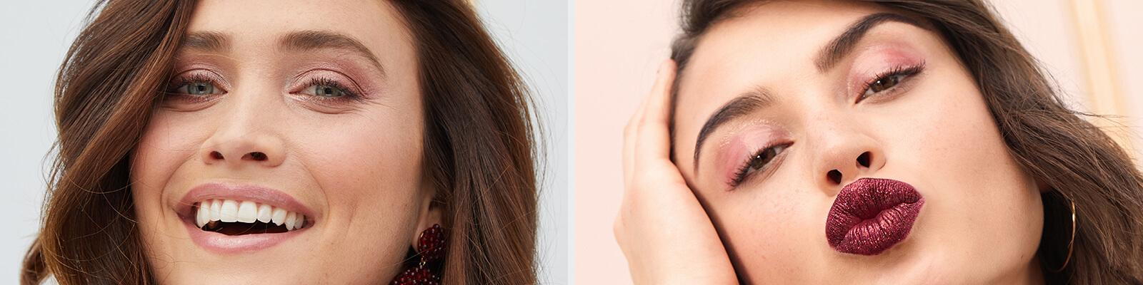 An image of a model with a shimmery rose gold eye makeup look paired with a nude pink lipstick and an image of a model with glossy pink eyeshadow paired with a shimmery berry colored lipstick Desktop