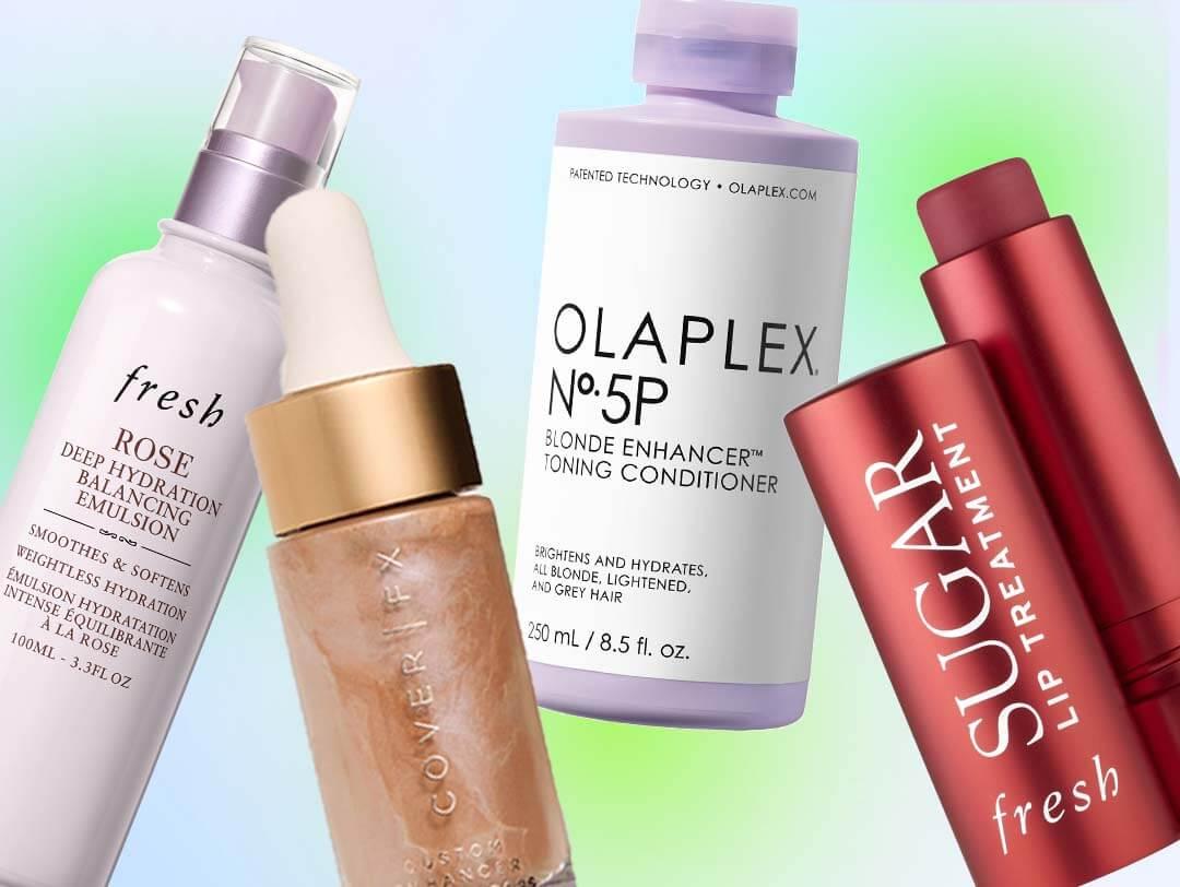 Beauty products and tools from various brands an ombre background Desktop