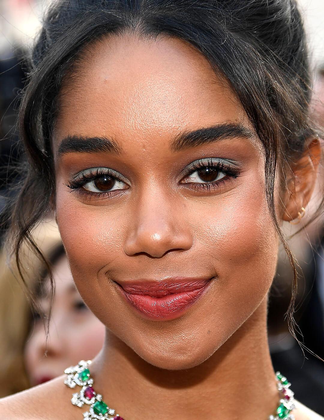 A photo of Laura Harrier with grey eyeshadow and a pinky-nude lip color Desktop