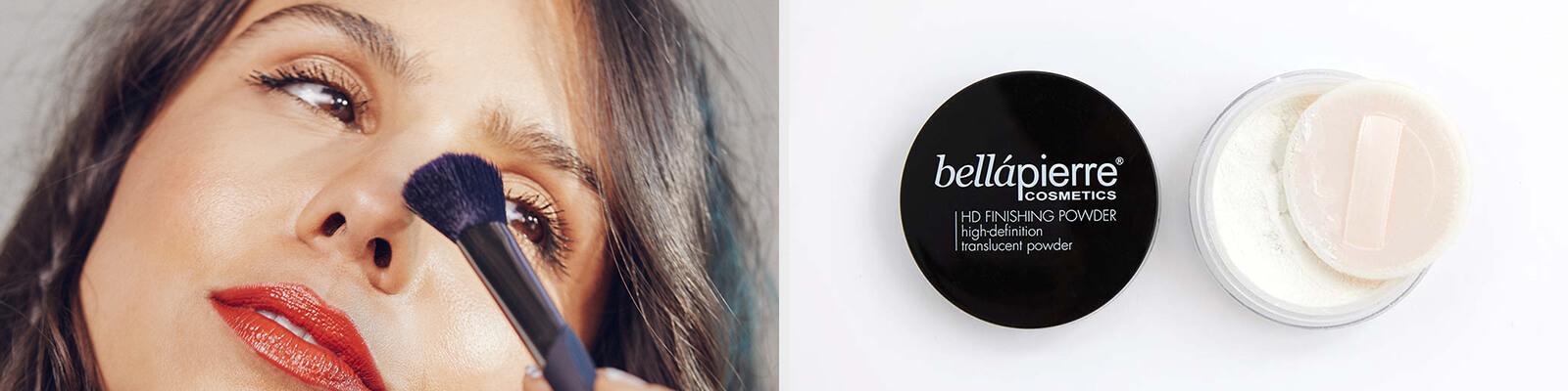An image of a model putting makeup on her nose using a brush and an image of BELLAPIERRE COSMETICS HD Finishing Powder Desktop
