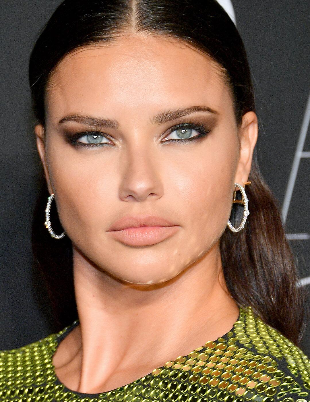 Adriana Lima looking fierce in a bronzy, metallic smoky eye makeup look and green sequined dress Desktop