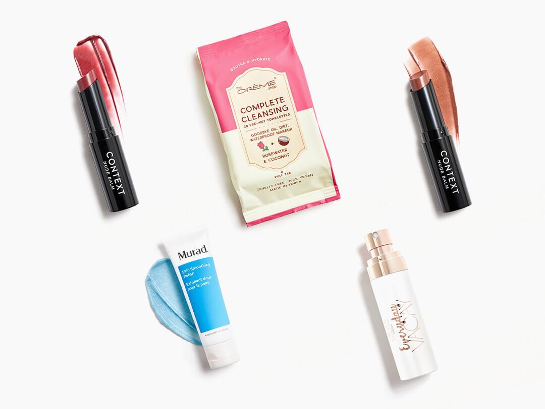 Makeup and skincare products from June 2021 IPSY Glam Bag and Glam Bag Plus swatched on white background Desktop
