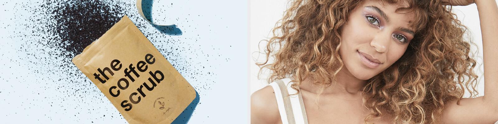 An image of THE COFFEE SCRUB The Coffee Scrub in French Vanilla and an image of a model with curly hair wearing shimmery mauve eyeshadow Desktop