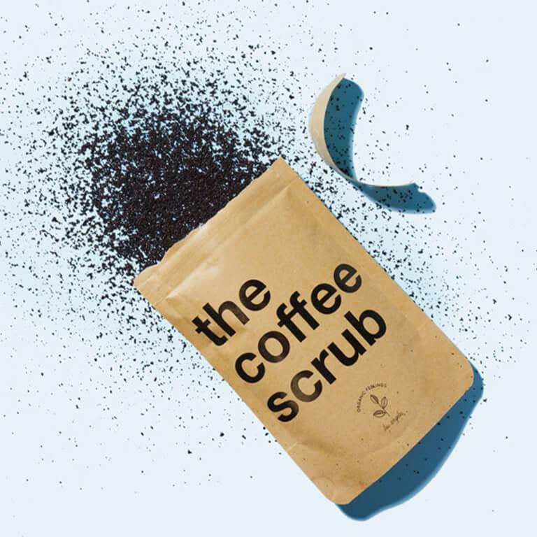 An image of THE COFFEE SCRUB The Coffee Scrub in French Vanilla and an image of a model with curly hair wearing shimmery mauve eyeshadow Mobile