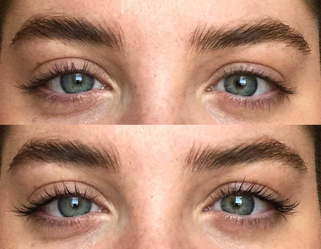 Collage image of model's eyes before and after applying the VICTORIA BECKHAM BEAUTY Future Lash Mascara Desktop