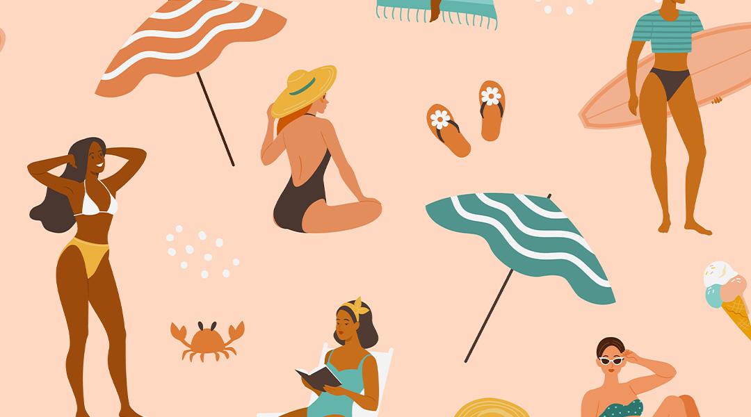 An illustration of women with summer outfits relaxing on the beach Desktop