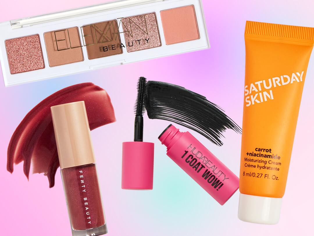 Makeup and skincare beauty products from the November 2024 IPSY Glam Bag on pink and blue gradient background Desktop