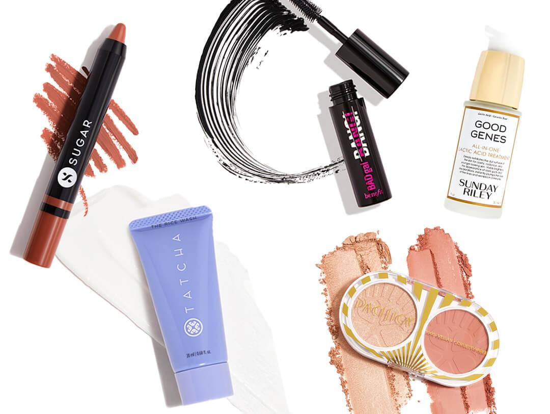 Makeup and skincare products from the September 2021 IPSY Glam Bag swatched on white background Desktop