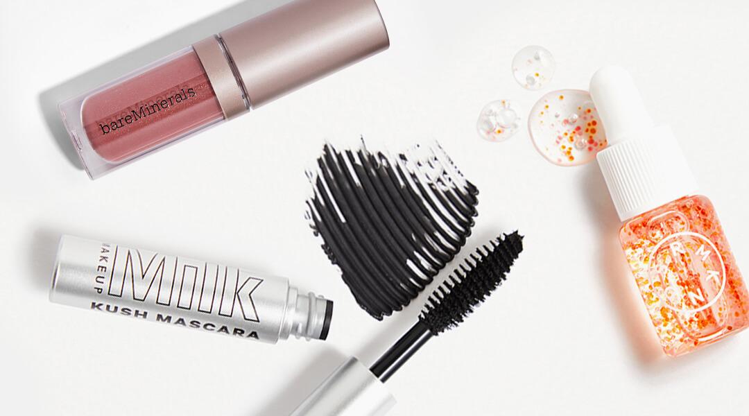 Images of makeup and skincare products from the April 2021 IPSY Glam Bag swatched on white background Desktop