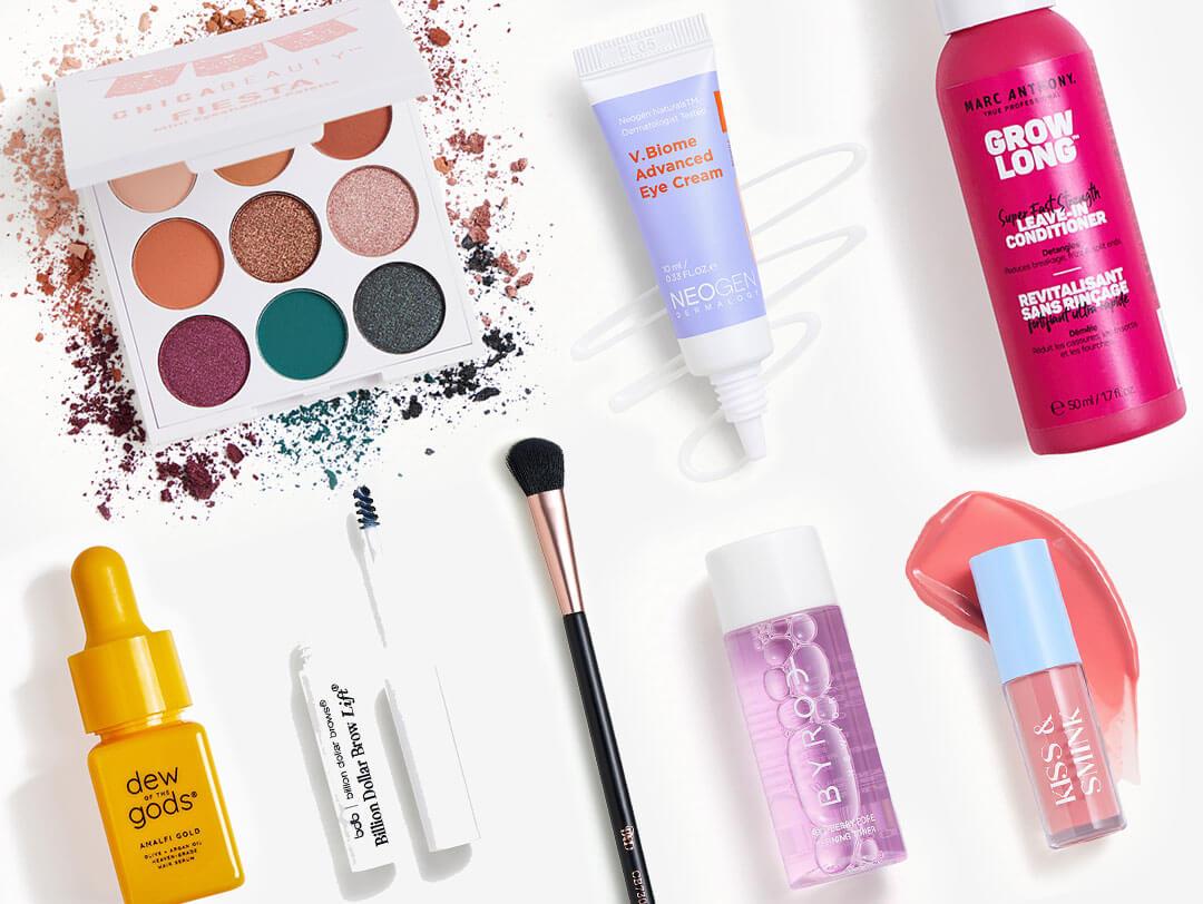 Makeup and skincare products from the April 2024 IPSY Glam Bag on white background Desktop