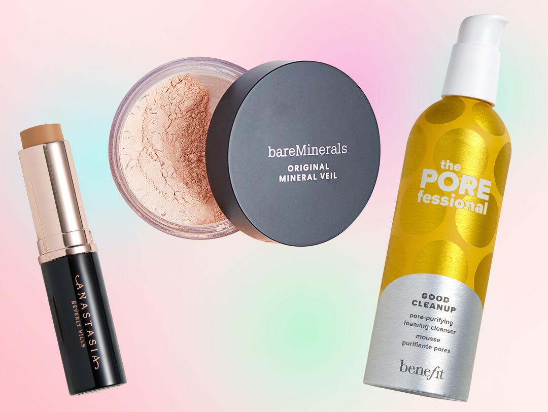 Skincare and makeup products from various brands on colorful background Desktop