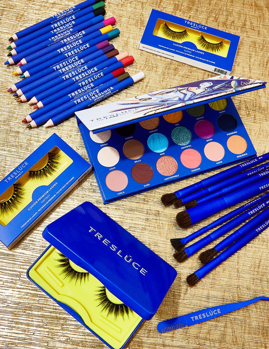 TRESLUCE makeup products on gold-colored, textured background Mobile