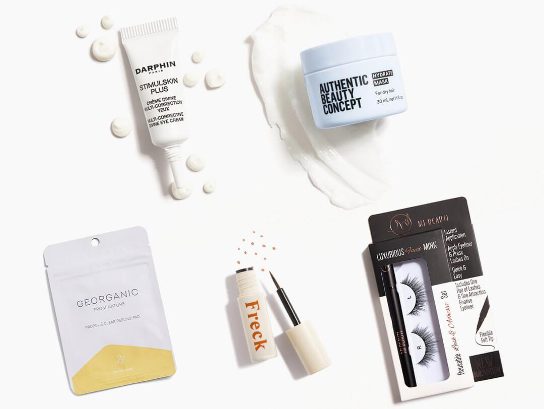 Makeup and skincare products from the August 2021 IPSY Glam Bag swatched on white background Desktop