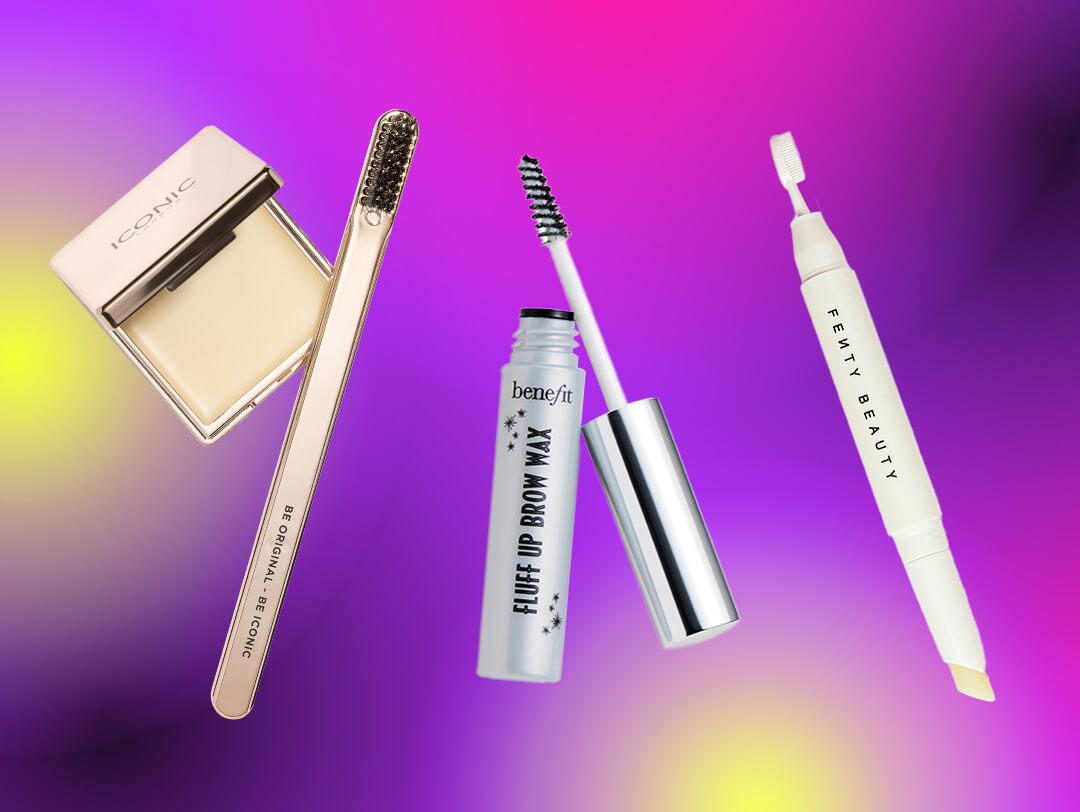 Brow gels and wax from ICONIC LONDON, BENEFIT COSMETICS, and FENTY BEAUTY on colorful gradient background Desktop
