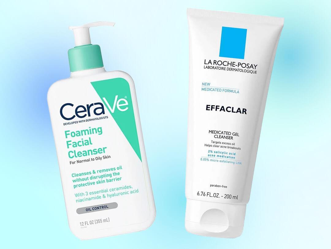 CERAVE Foaming Facial Cleanser and LA ROCHE-POSAY Effaclar Medicated Gel Cleanser on blue ombre background Desktop