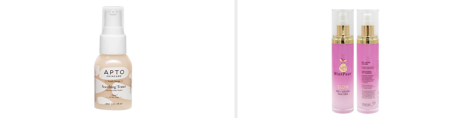 An image of APTO SKINCARE Soothing Toner with Coconut Water and an image of MINTPEAR GLOW Rosewater + Aloe Vera Facial Toner Desktop