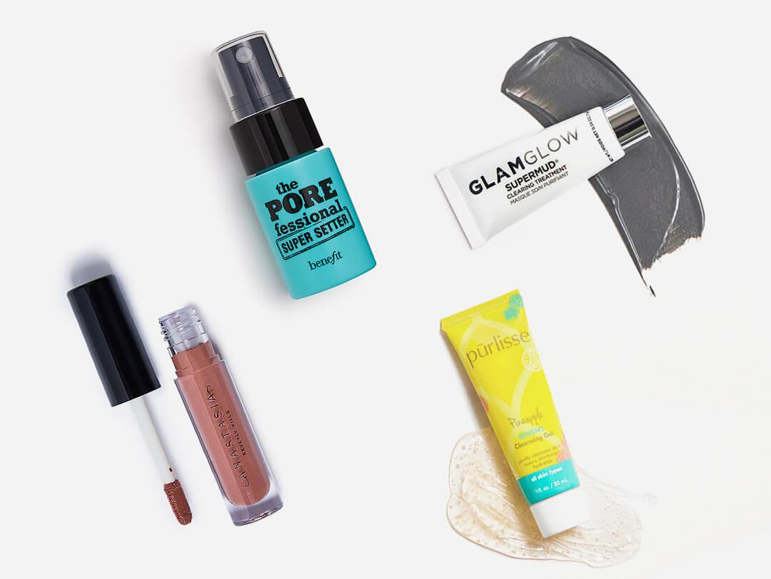 Makeup and skincare products from the June 2021 IPSY Glam Bag swatched on white background Desktop