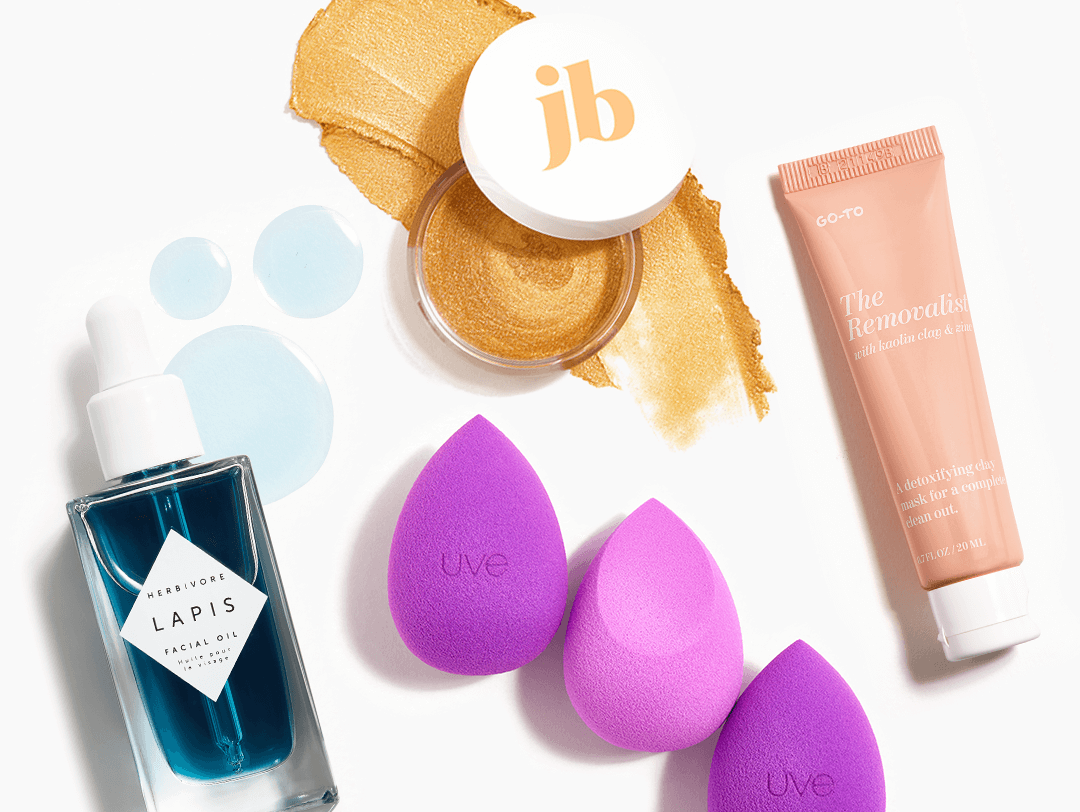 Makeup and skincare products and tools from the October 2021 IPSY Glam Bag Plus Desktop