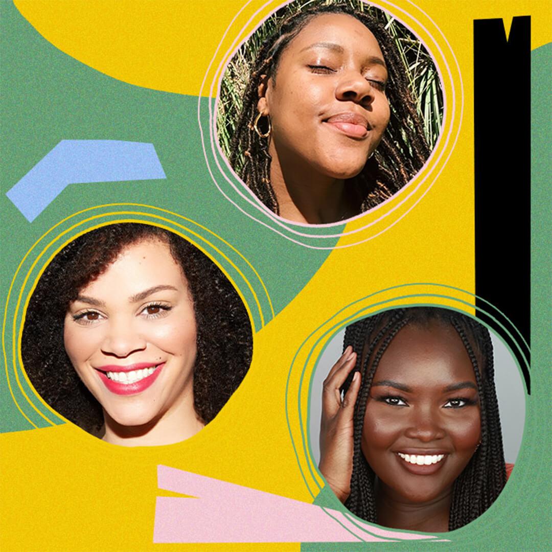 Head shots of Ndeye Peinda, Renée Loiz, and Kindra Moné and colorful in graphic frame Desktop