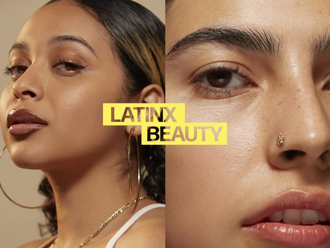 Collage image of portraits of young women with natural makeup looks and yellow text LATINX BEAUTY Desktop