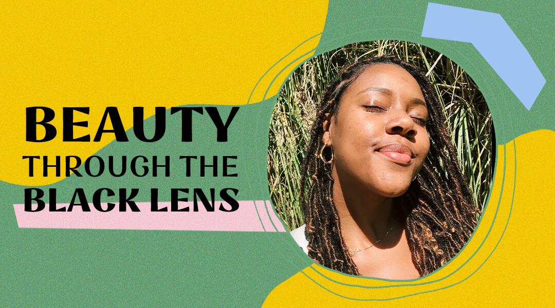 Profile image of Kindra Moné on colorful border with black text "Beauty Through the Black Lens" Desktop