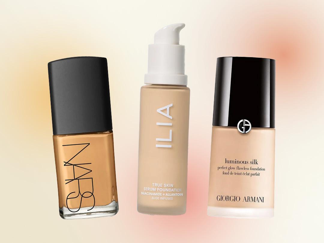 Three bottles of liquid foundation from various brands on ombre yellow and orange background Desktop