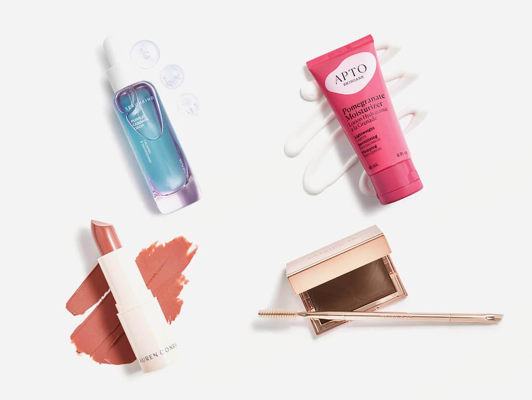 Skincare and makeup products from the June 2021 IPSY Glam Bag Plus swatched on white background Desktop