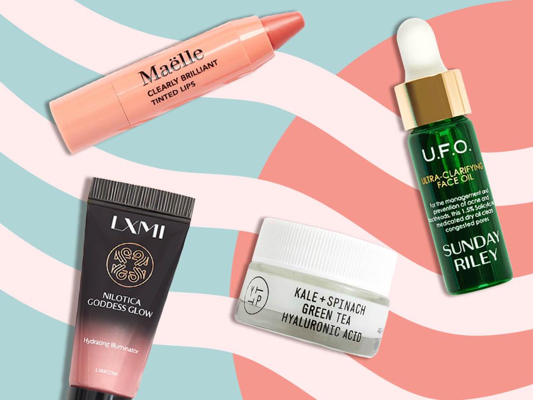 An image of some June Glam Bag products against a wavy background. Desktop