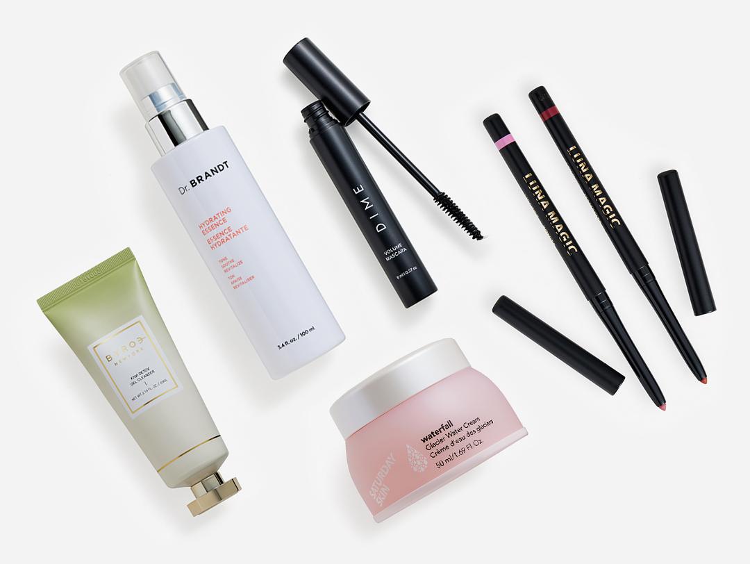 Makeup, skincare, and beauty products from the February 2023 IPSY Glam Bag Plus on white background Desktop