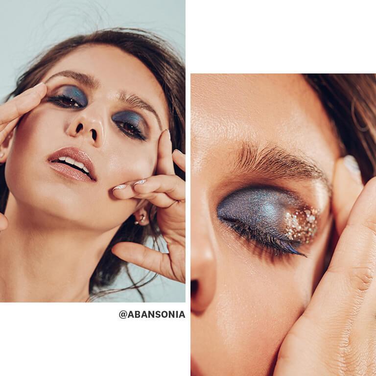 Model Aban Sonia showing a metallic navy smoky eye makeup look embellished with chunky glitter Desktop